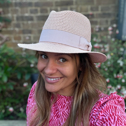 Personalised Pink Blush Summer Straw Foldable Fedora Hat