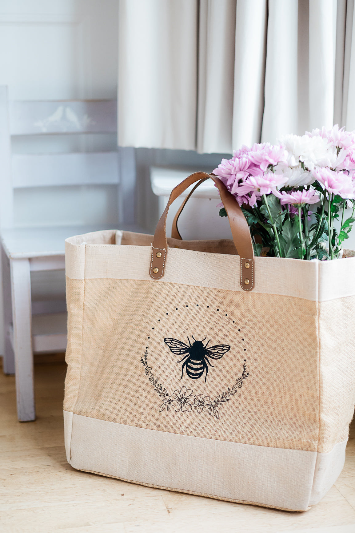 Bee design Large Jute Bag Leather Handle Shopper Beach Bag Natural