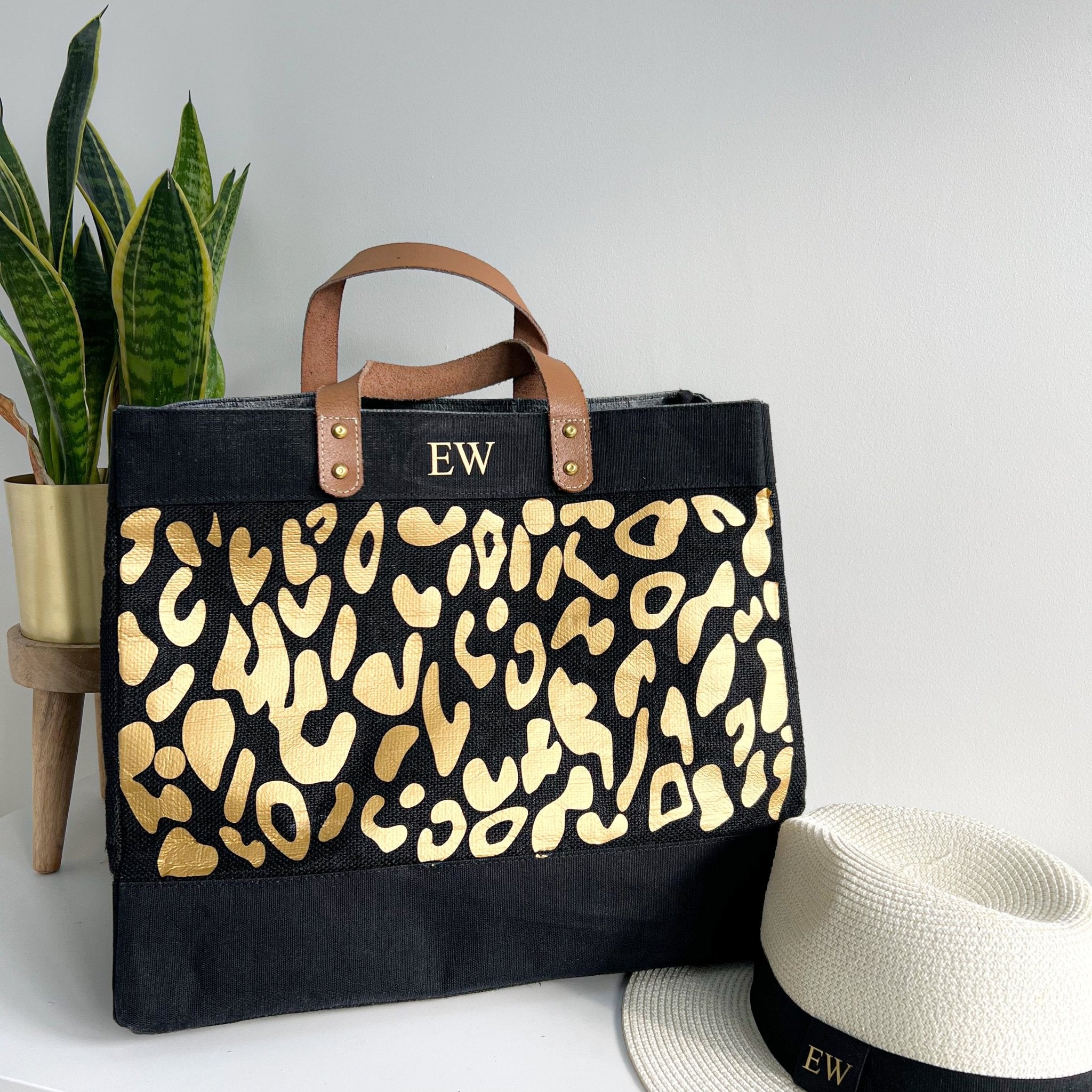 Personalised Leopard Print Large Jute Bag Leather Handle Shopper Beach Bag Black