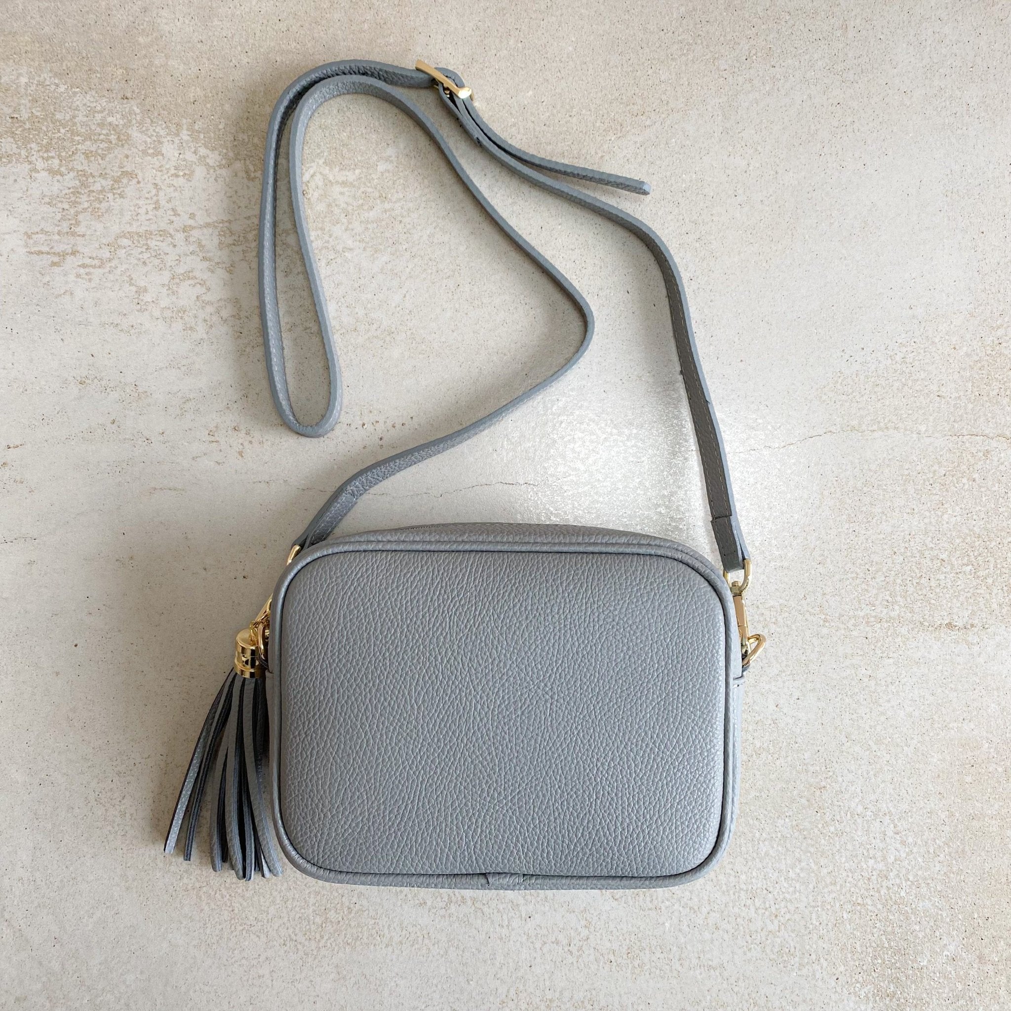 Gray leather shop crossbody bag